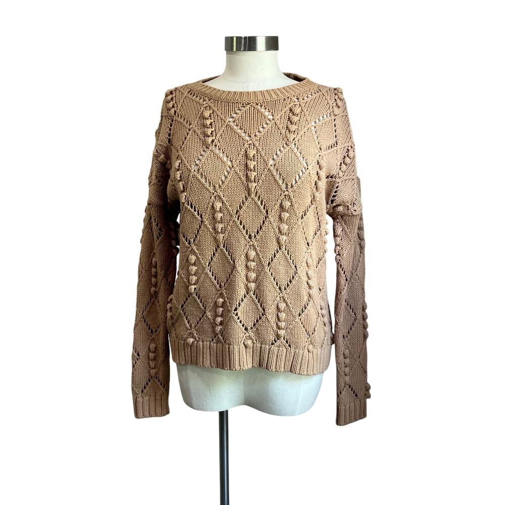 Loft Tan Textured Diamond Pattern Bobble Pom Pom Sweater Sz M Petite